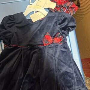 Max studio Navy Blue Velvet Dress with Plaid Bow and leggings Christmas festive